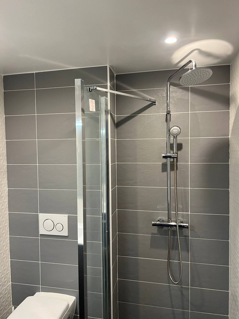 Salle d'eau avec colonne de douche et WC suspendu, chalet Sainte-Brigitte à Allos