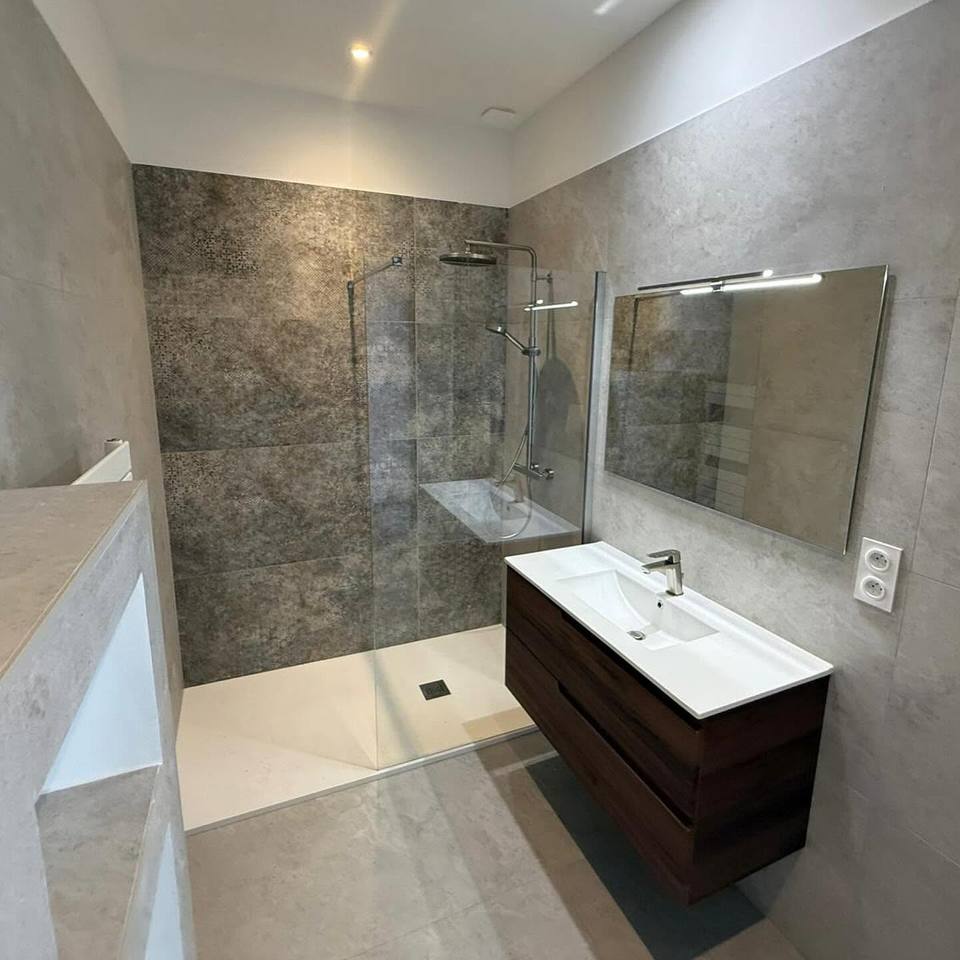 Douche à l'italienne et meuble vasque foncé